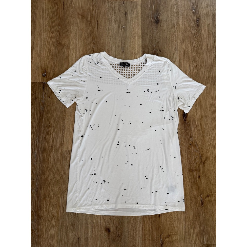 POL Paint Splatter V-Neck Tee Women Medium White Laser Cut Lattice Short Sleeve